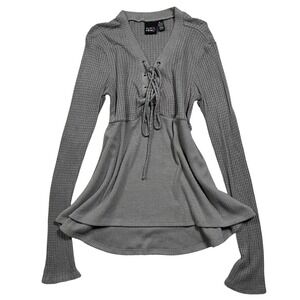 Eye Candy Gray Waffle Knit Lace Up Long Sleeve Tunic Top Women's Size M